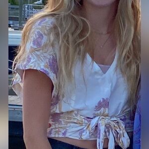 Free People Cream and Purple Tie-Front Blouse